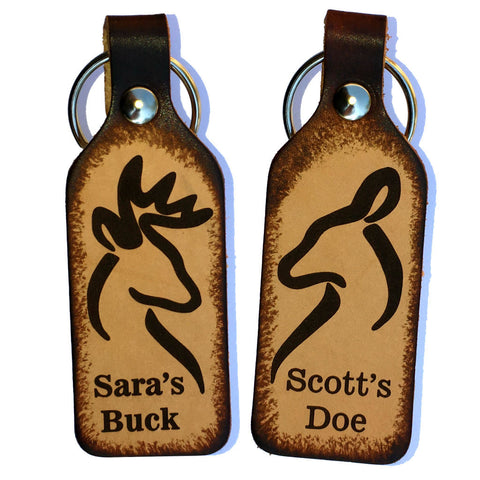 Buck &  Doe with Your Names Couples Leather Keychains (Pair) - Love Chirp Gifts