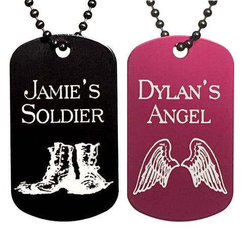 Angel & Soldier with Your Names Dog Tag Necklaces (Pair)