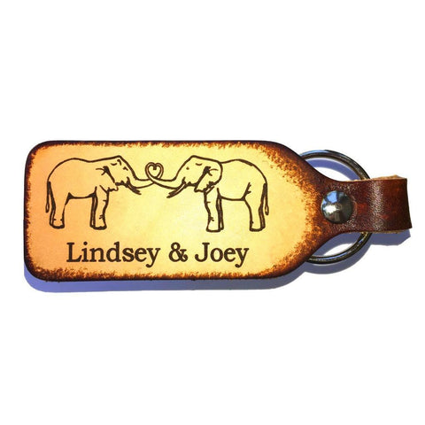 Elephant Love Personalized Couples Leather Engraved Keychain