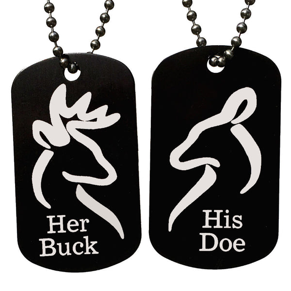 Her Buck His Doe Dog Tag Necklaces Pair