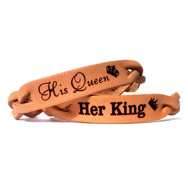 His Queen Her King Leather Engraved Bracelets Pair Love Chirp Gifts