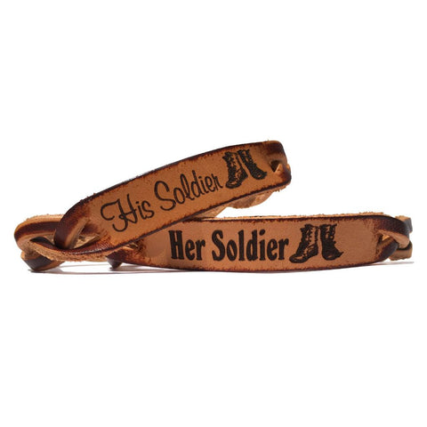 Her Soldier His Soldier Engraved Leather Bracelets (Pair)