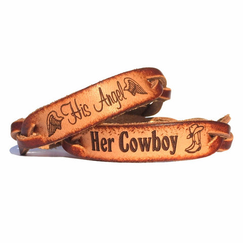 Her Cowboy & His Angel Leather Bracelets (Pair) - Love Chirp Gifts