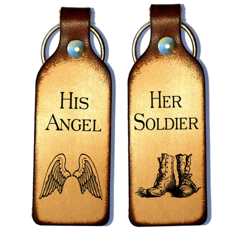 Her Soldier & His Angel Leather Couples Keychains - Love Chirp Gifts