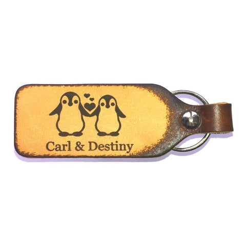 Penguin Love Leather Engraved Couples Keychain