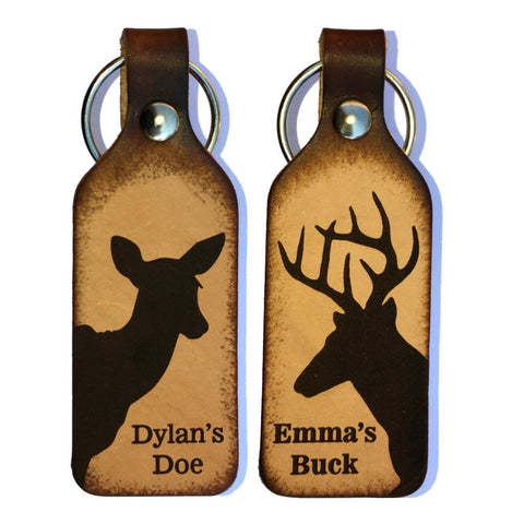Buck &  Doe Silhouette with Your Names Couples Leather Keychains (Pair)