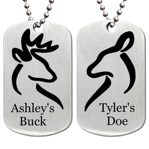 Her Buck & His Doe with Your Names Stainless Steel Dog Tag Necklaces (Pair)