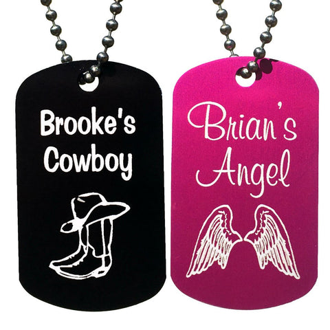 Cowboy and Angel Personalized with Your Names Dog Tag Necklaces (Pair)