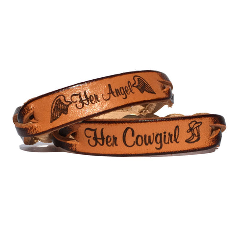 Her Cowgirl and Her Angel Leather Bracelets (Pair) - Love Chirp Gifts
