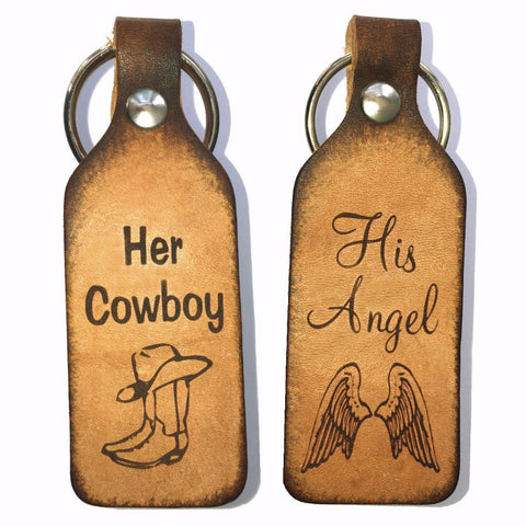 Her Cowboy & His Angel Couples Leather Keychains