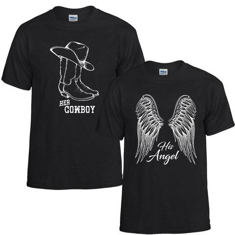 Her Cowboy His Angel Couples T-shirts - Love Chirp Gifts