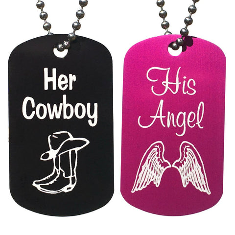 Her Cowboy & His Angel Dog Tag Necklaces (Pair)