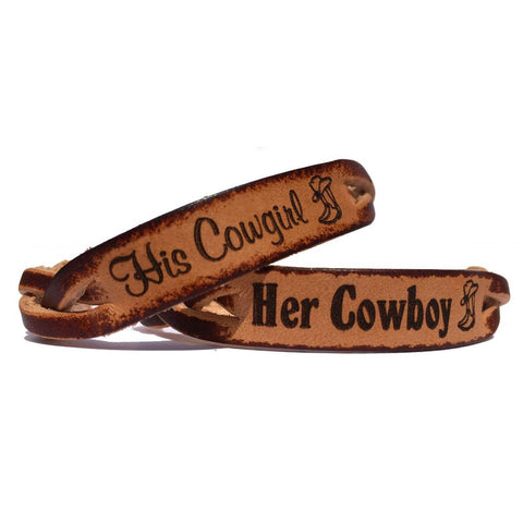 Her Cowboy His Cowgirl Engraved Leather Bracelets (Pair)
