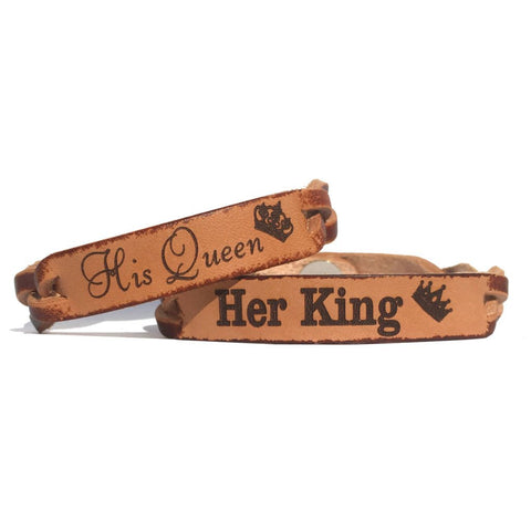 His Queen Her King Leather Engraved Bracelets (Pair)