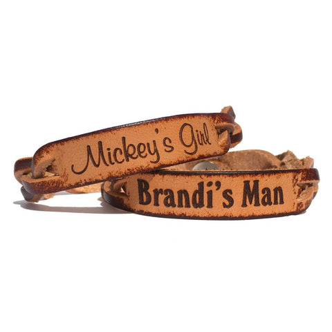 Personalized Names Her Man and His Girl Leather Engraved Bracelet Set