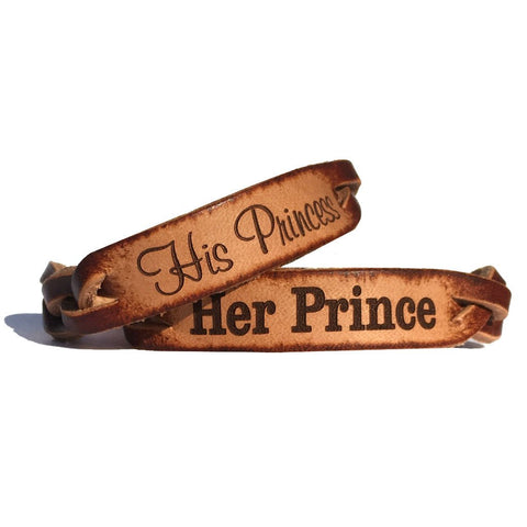 Her Prince and His Princess Leather Bracelets (Pair)