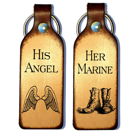 Her Marine & His Angel Leather Couples Keychains