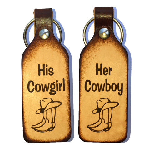 Her Cowboy His Cowgirl Engraved Leather Keychain Set (Pair) - Love Chirp Gifts