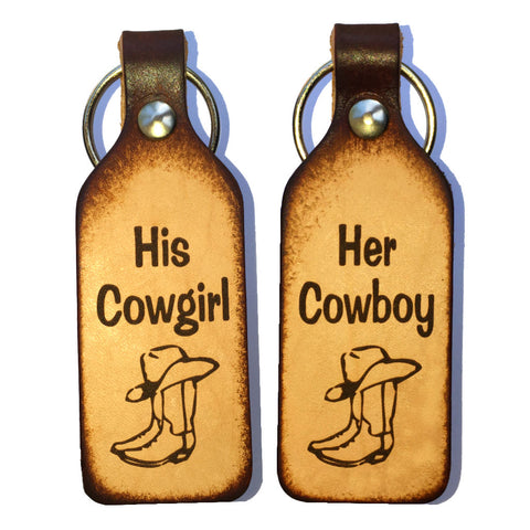 Her Cowboy His Cowgirl Engraved Leather Keychain Set (Pair) - Love Chirp Gifts