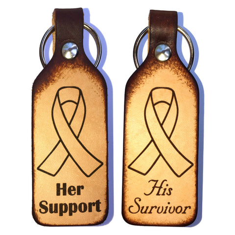 Her Support & His Survivor Engraved Leather Keychain Set (Pair) - Love Chirp Gifts