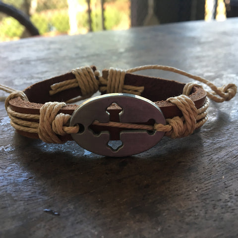 The Ryan Cross Hemp and Brown Leather Bracelet - Love Chirp Gifts