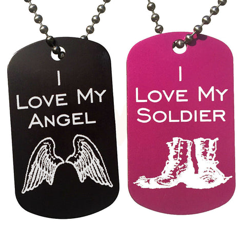 I Love My Angel & I Love My Soldier Dog Tag Necklaces (Pair) - Love Chirp Gifts
