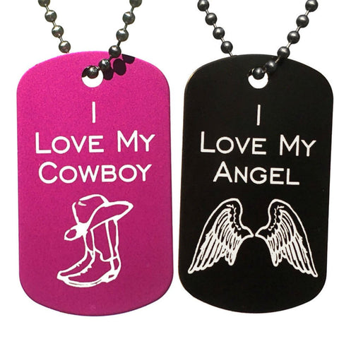 I Love My Angel & I Love My Cowboy Dog Tag Necklaces (Pair)