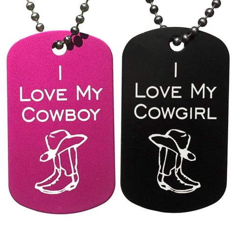 I Love My Cowgirl & I Love My Cowboy Dog Tag Necklaces (Pair)