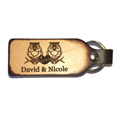 Owl Couple Personalized Leather Engraved Keychain