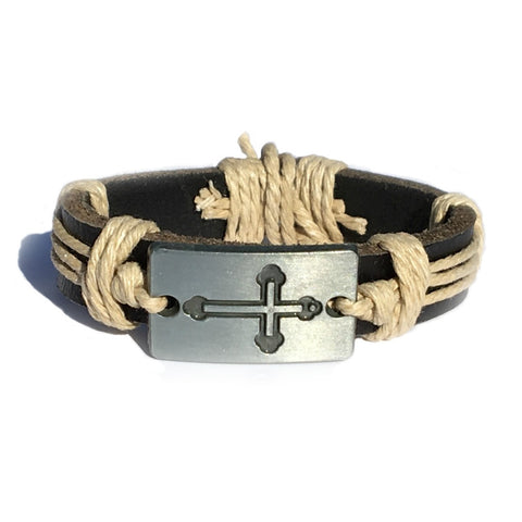 The Brandon Cross, Hemp and Black Leather Bracelet - Love Chirp Gifts